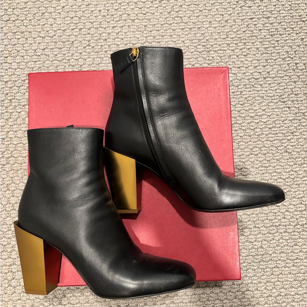 Salvatore Ferragamo Black and Gold Ankle Boots with Chunky Heel and Gold Zipper